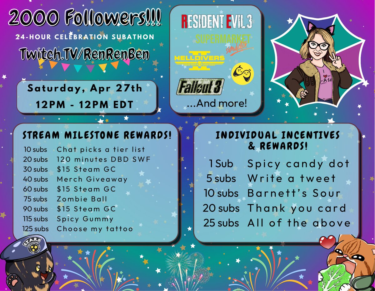 24 hours of games, fun, friends, and probably more of me hitting people with my baseball bat on accident in Fallout 3!🤩

✨Saturday, April 27th 12PM EDT ~ 
Sunday, April 28th 12PM EDT✨

Be there or be your favorite geometric shape⛱️