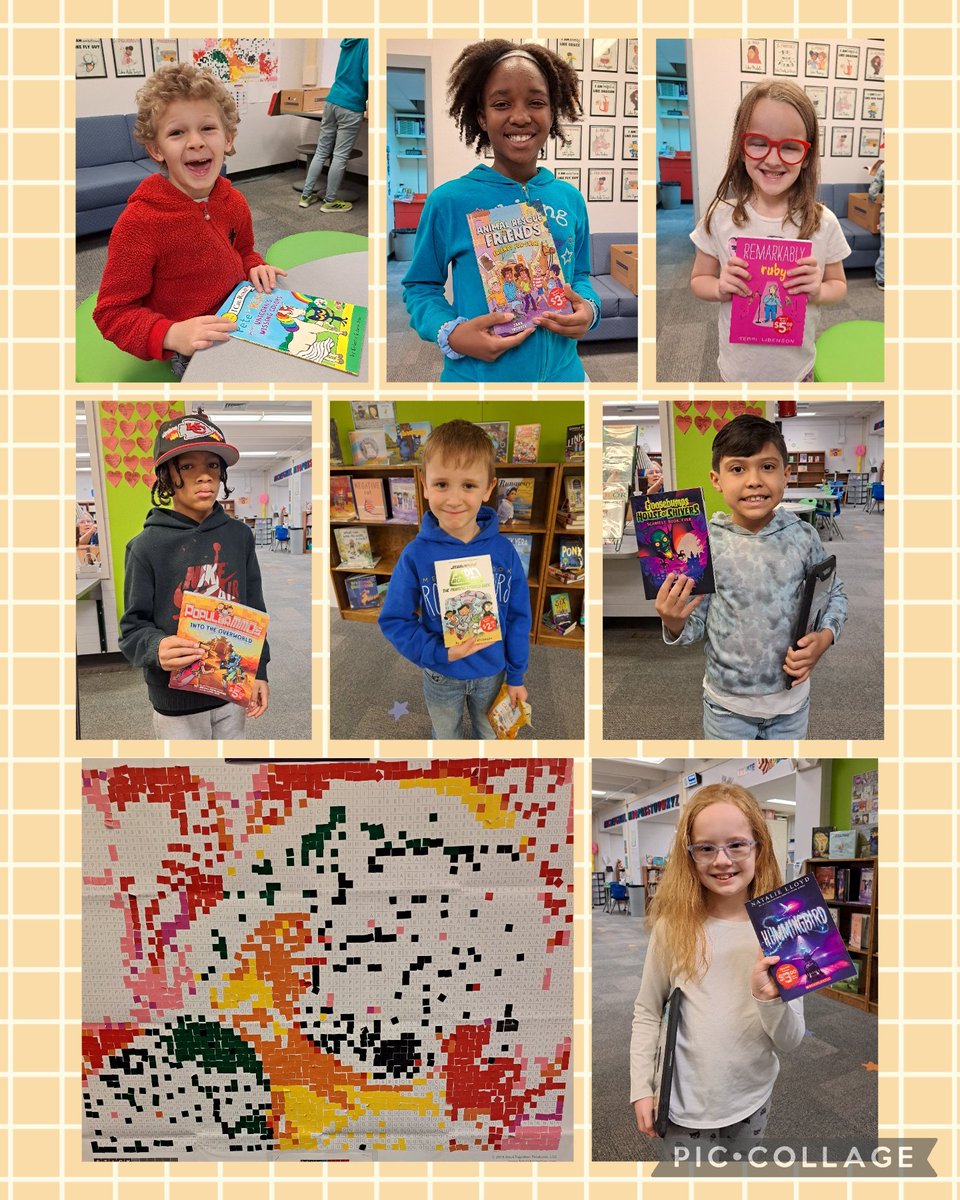 Ss were given the chance to guess what our @byStickTogether poster will be once finished. 20+ Ss correctly guessed a parrot. Winners earned a free book. Here are some of our happy winners. @angiegroenke @MBRoadrunners #nkclibraries @NKCSchools