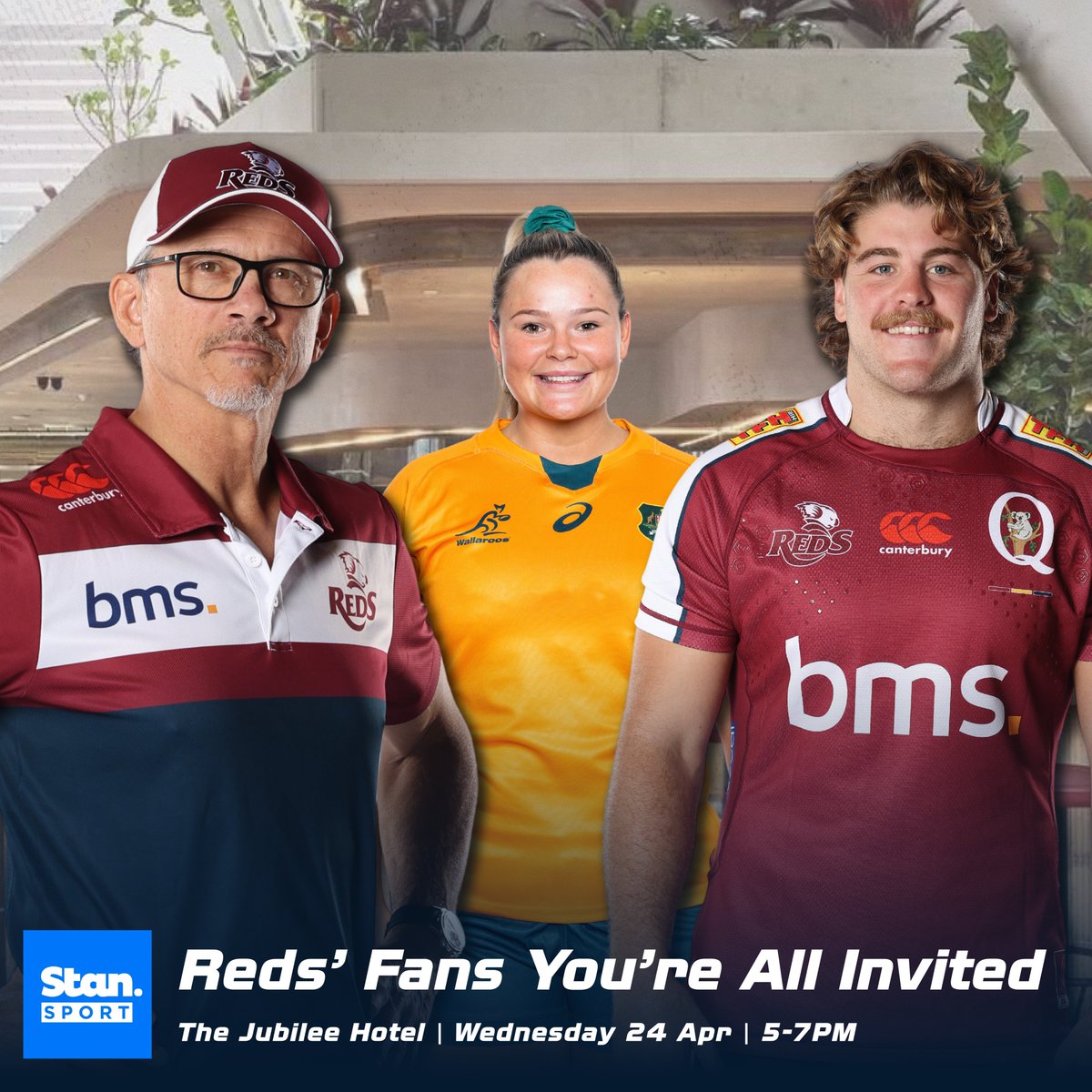 Reds fans! Join Atko, Horwill and Tim at the Jubilee Hotel tomorrow evening at 5.30pm for @StanSportRugby's On the Road Queensland Reds special. Les, Frase and Bree-Anna will be there and there's plenty of prizes up for grabs! 🎉