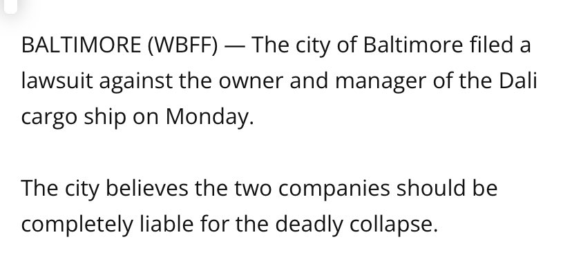 #Breaking #baltimorebridge

🚨Breaking : The City of Baltimore is Suing the Owner and Manager of the Dali, the Cargo Ship that Lost Power and Ran into the Francis Scott Key Bridge Collapsing it and k!lling 6 people.