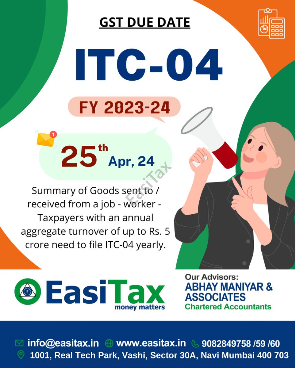 Summary of Goods sent to or received from a job - worker - Taxpayers with an annual aggregate turnover of up to Rs. 5 crore need to file ITC-04 yearly.

easitax.in

#EasiTax 
#ITC04 
#InputTaxCredit 
#GSTCompliance 
#GSTFiling 
#GSTIndia 
#TaxCompliance 
#GSTReturns