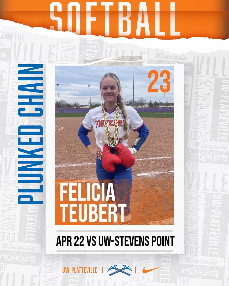 UWPlattSoftball's tweet photo. Dinger Drip and Plunked Chain from today’s double header against UW-Stevens Point! 

#SwingTheAxe
#uwplatteville 
#UWPlattevilleSoftball https://t.co/zNkj5DgwN8
