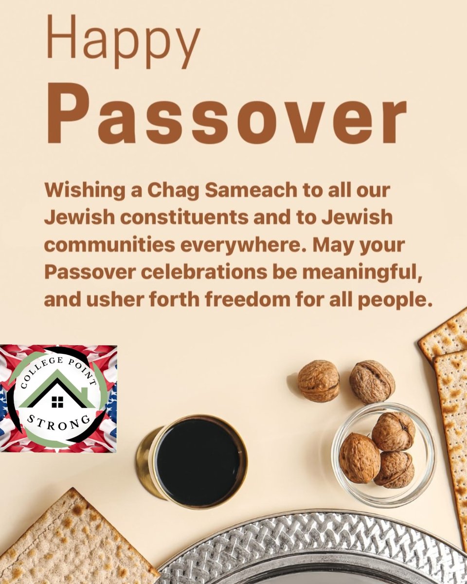 CollegePointCTA's tweet photo. Passover teaches us the value of resilience and hope in the face of adversity. 
College Point Strong wishes a happy Passover to Jewish families celebrating in America and around the world. Chag Sameach. #CollegePoint  #collegepointstrong #MacNeilPark #PowellsCovePark #district19 https://t.co/aULwxGIwn3