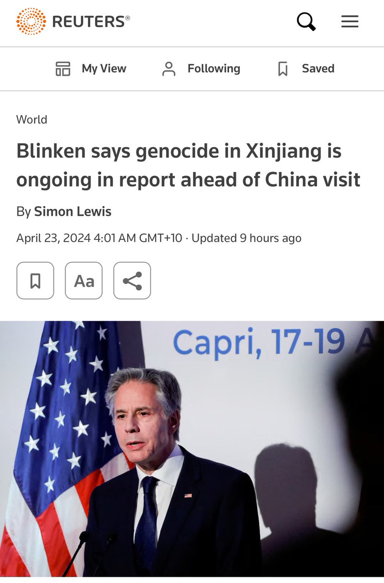 There is no end to US lies. What does he aim to achieve from his trip to Beijing if he insists on perpetuating lies about Xinjiang? Is this a deflection from US aiding and abetting the real genocide perpetrated by Israel?