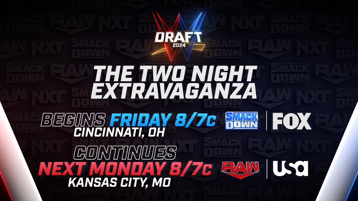 Get ready for the 2024 #WWEDraft starting THIS FRIDAY! #SmackDown 📍 CINCINNATI 🎟️ ticketmaster.com/event/16005F7E… #WWERaw 📍 KANSAS CITY 🎟️ axs.com/events/519703/…