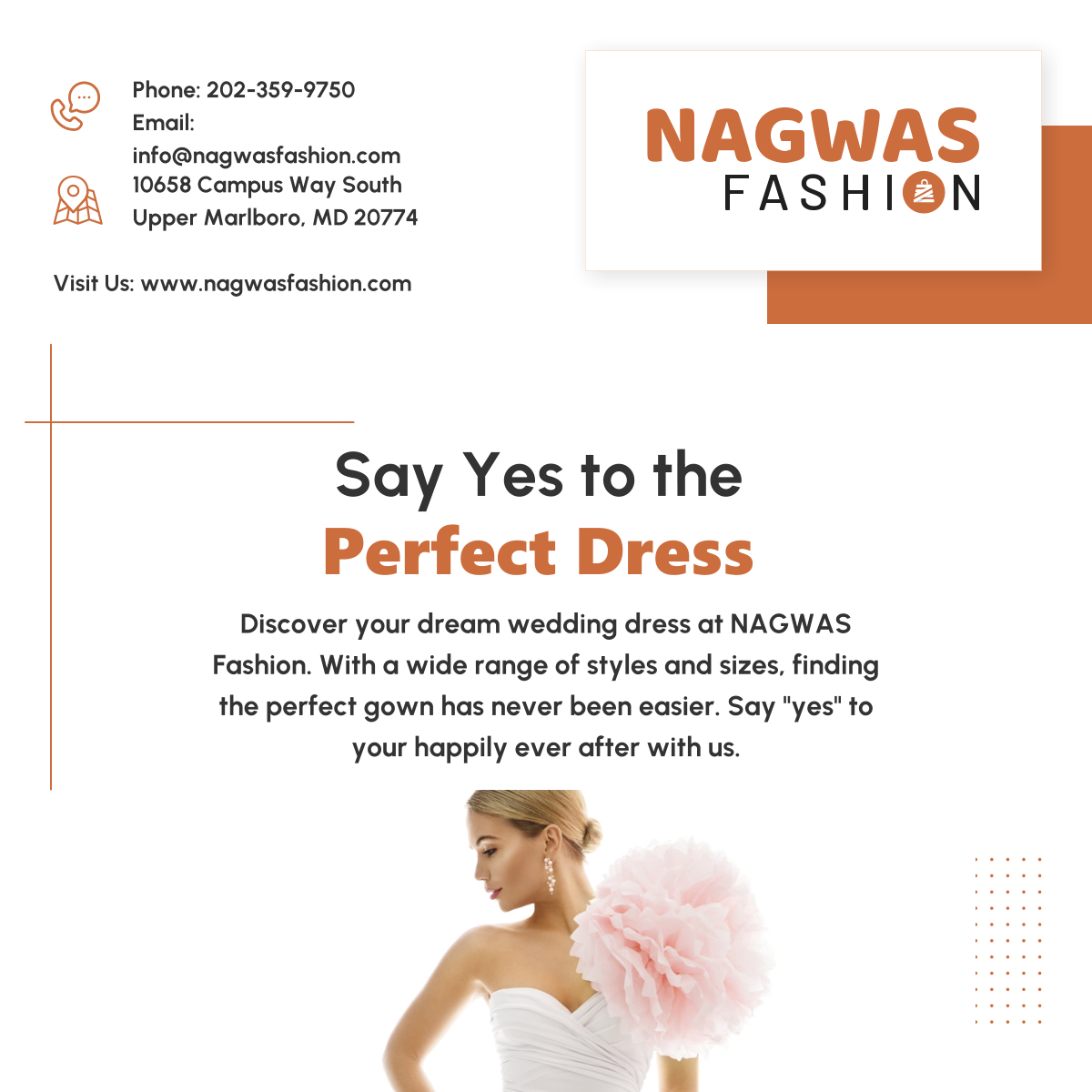 Say 'yes' to the perfect dress! Explore our stunning collection of wedding gowns and find the one that makes you feel like a princess. 

#BridalFashion #WeddingGown #UpperMarlboroMD #ECommerce #NAGWASFashion