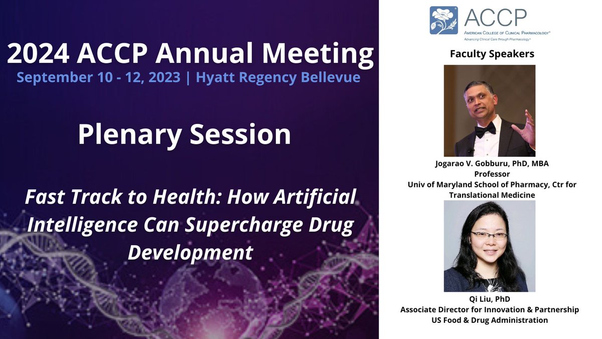 We are pleased to announce Qi Liu, PhD & Jogarao V. Gobburu, PhD, MBA as the 2024 ACCP Annual Meeting Plenary Session Faculty Speakers! The Plenary Session will take place on Sunday, September 8, 2024 at 8:00 AM EST
bit.ly/3IX4ByL #pharmacology #CME #CPE #annualmeeting