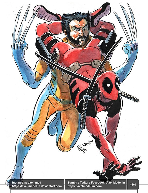 #dailydrawing 4661 #dibujodiario #drawingoftheday #DeadpoolAndWolverine #Deadpool #Wolverine #RyanReynolds #HughJackman #MarvelStudios #fanart #watercolor #brushandink #traditionalart