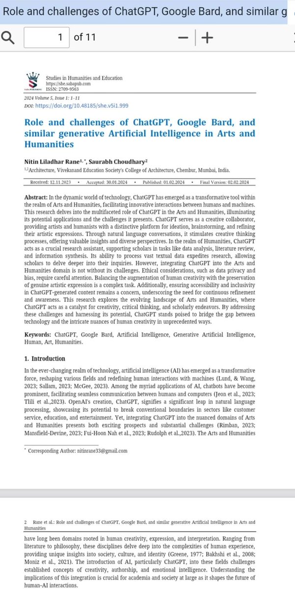 sabapubshe's tweet image. Featured Article :
Role and challenges of ChatGPT, Google Bard, and similar generative Artificial Intelligence in Arts and Humanities
doi.org/10.48185/she.v…
By
Nitin Rane
Saurabh Choudhary
Architecture, Vivekanand Education Society&apos;s College of Architecture, Chembur, Mumbai,