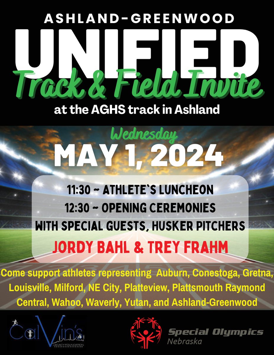 It's almost here!  Over 275 athletes and partners representing 13 NE school districts will be taking to the track next week, along with some pretty cool guest speakers!  You won't want to miss it!  <a href="/sonebraska/">Special Olympics Nebraska</a> <a href="/GoBluejays1/">ASHLAND-GREENWOOD</a>