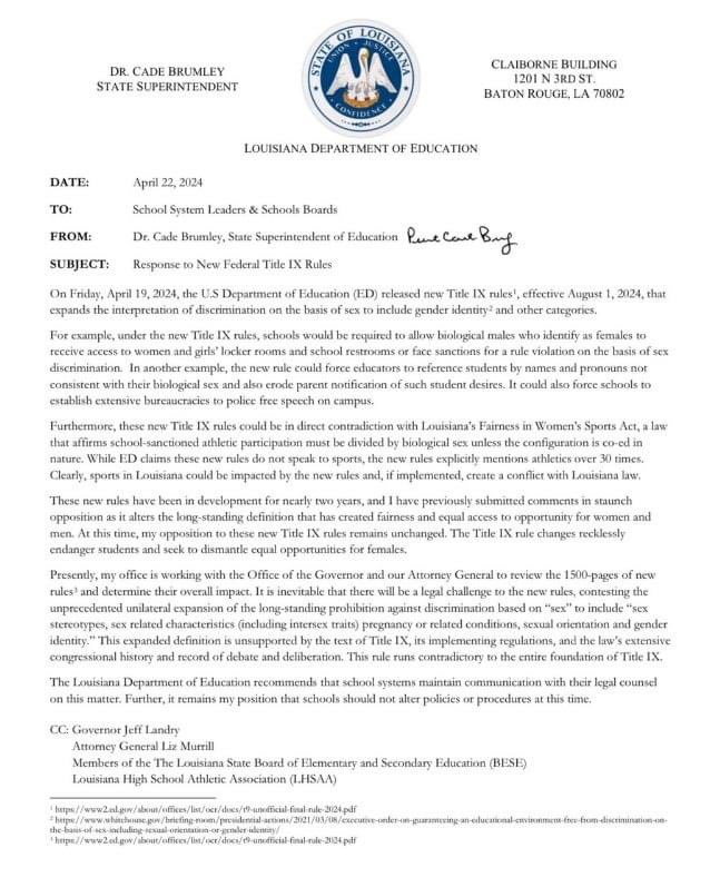 State Superintendent Dr. Cade Brumley released guidance regarding the recent #TitleIX ruling and instructs schools not to alter policies and procedures just yet as he works with @AGLizMurrill and @JeffLandry. Well done.