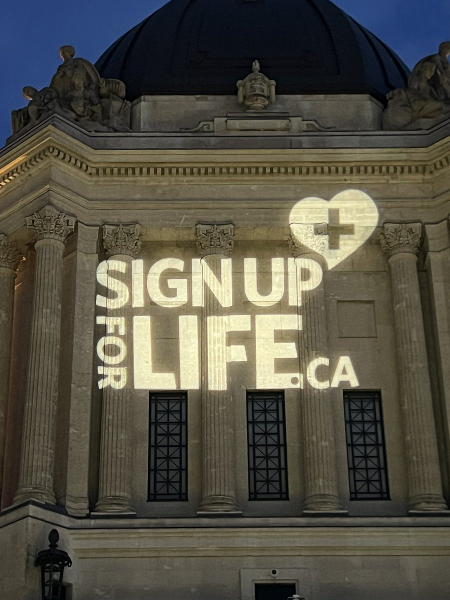 fairdinkumbrad's tweet photo. The @MBLegislature Building is projecting the #signupforlife logo to promote National Organ and Tissue Donation Awareness Week.

Register at https://t.co/w6Sedb5t1y

@TransplantMB 
@hsc_winnipeg 
@CanadasLifeline 
@LifelineMB 
@SharedHealthMB 

#NOTDAW https://t.co/cGv5oUAH6a