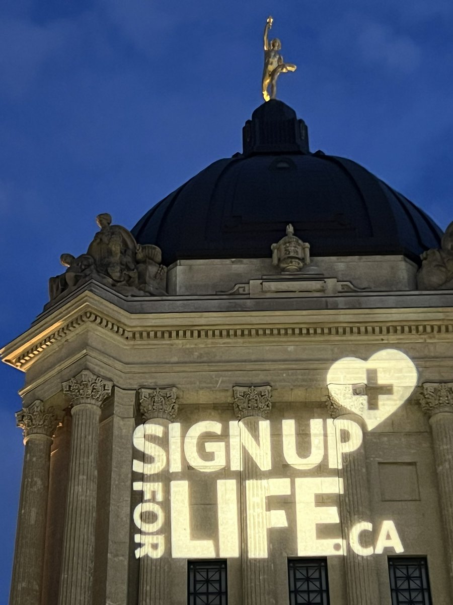 fairdinkumbrad's tweet photo. The @MBLegislature Building is projecting the #signupforlife logo to promote National Organ and Tissue Donation Awareness Week.

Register at https://t.co/w6Sedb5t1y

@TransplantMB 
@hsc_winnipeg 
@CanadasLifeline 
@LifelineMB 
@SharedHealthMB 

#NOTDAW https://t.co/cGv5oUAH6a