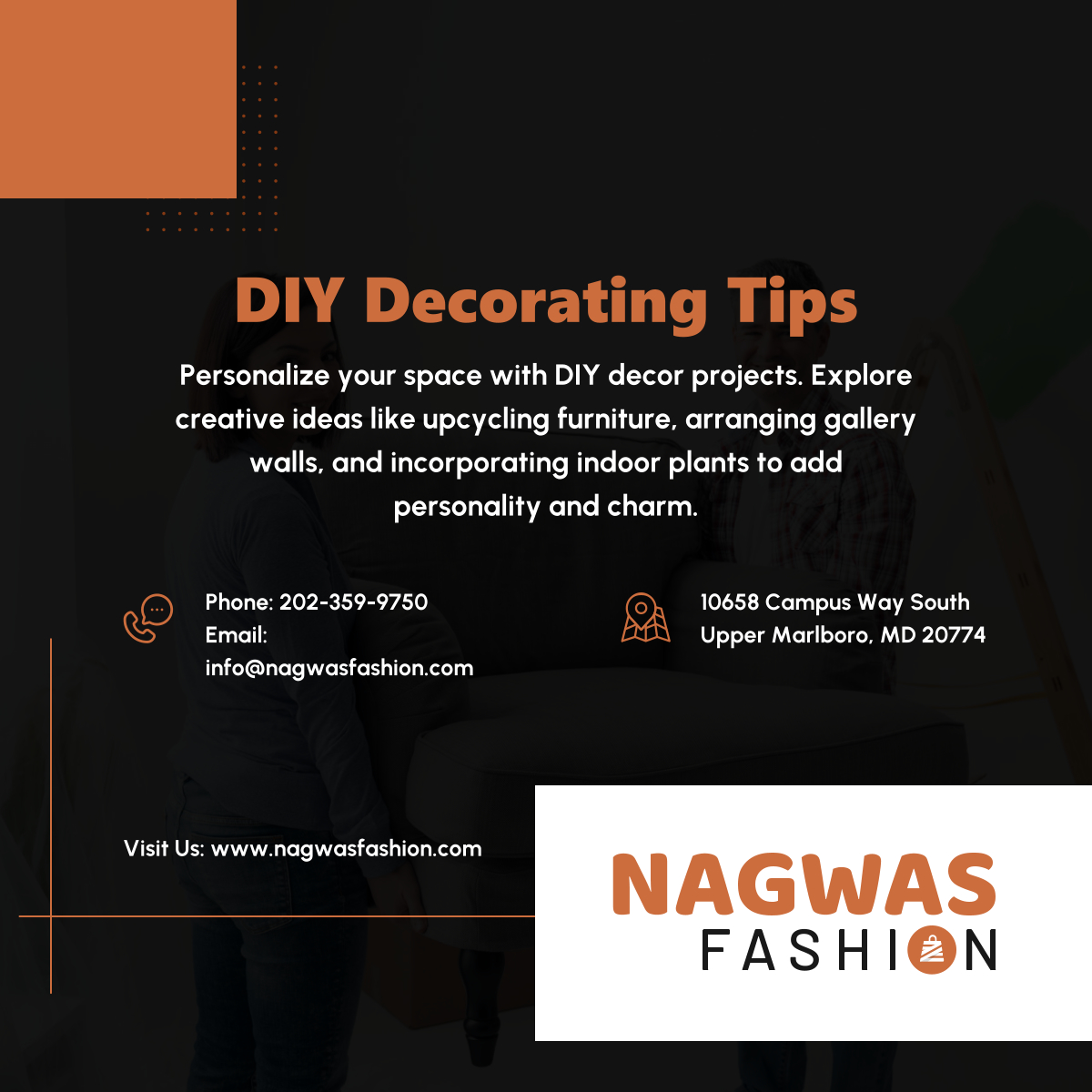 Elevate your home's aesthetic with these budget-friendly DIY decorating tips. Transform your space into a haven of style and comfort. 

#DIYDecor #HomeDecorTips #UpperMarlboroMD #ECommerce #NAGWASFashion