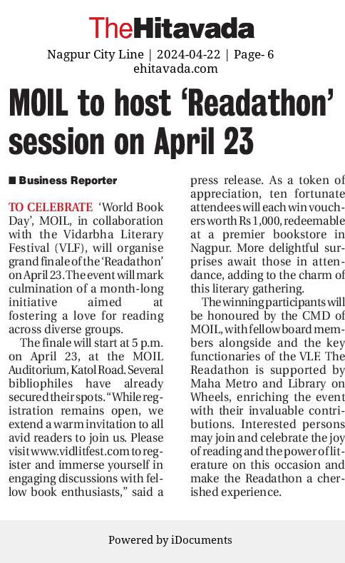 vidlitfest's tweet photo. Readathon to conclude today at 5 pm...

If you are in Nagpur, please do attend the MOIL Auditorium...

@MOIL_LIMITED @MetroRailNagpur https://t.co/kReuKvLztA