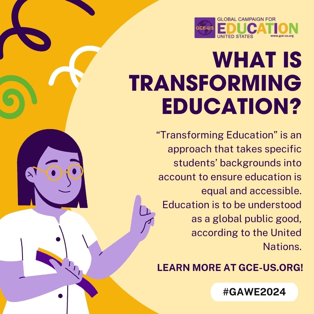 ✏️ The theme for this year’s GAWE is “Transforming Education”! 🎒 In short, “transforming education” refers to making sure education is accessible to all learners based on their unique situations.  📓To learn more, please check out our website: bit.ly/TransformingGA…