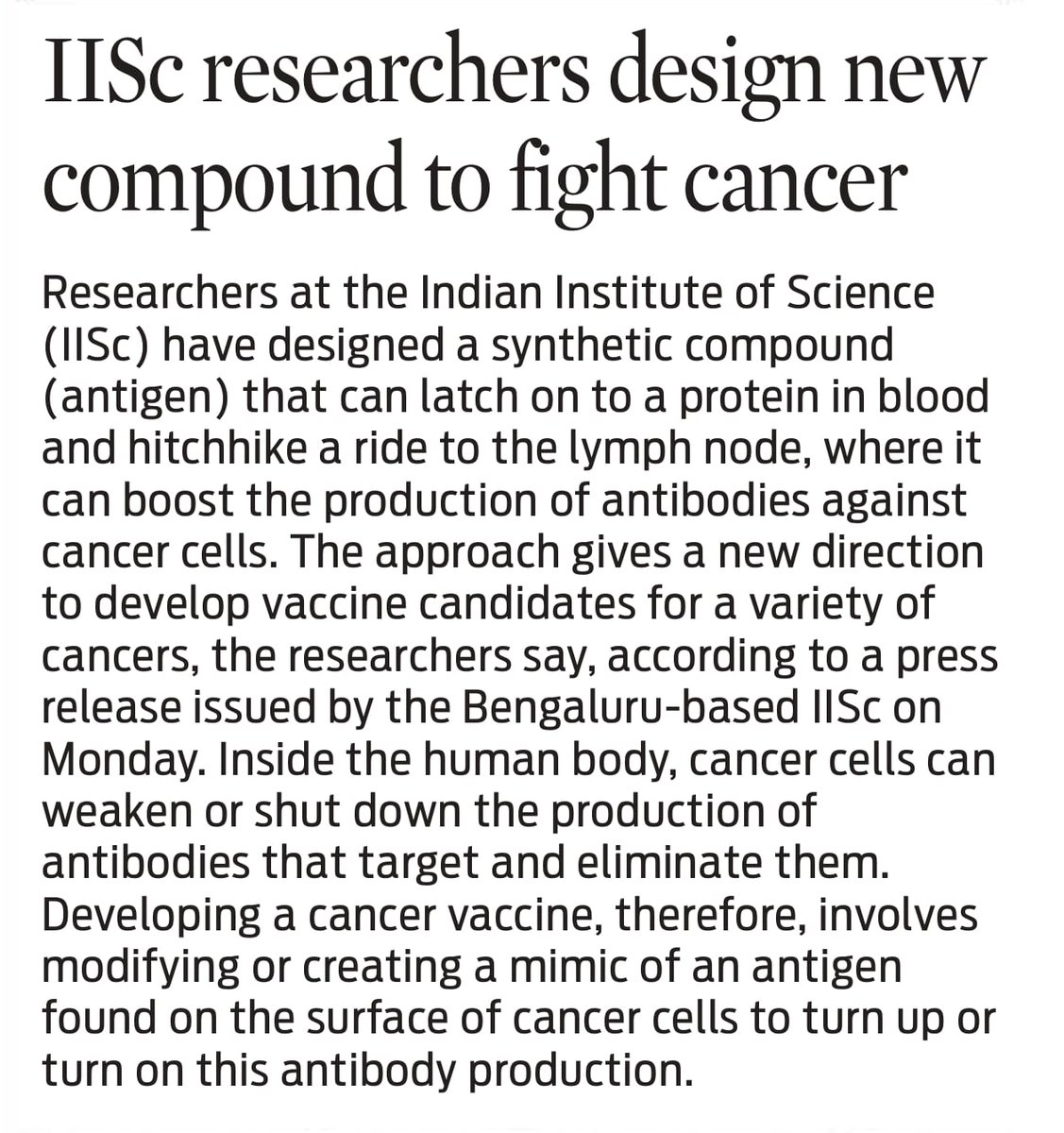 *IISc researchers have designed a new compound to fight cancer.* (NIE)