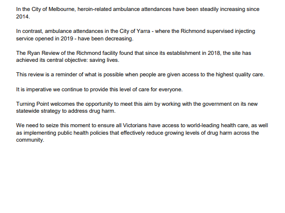 Turning Point is disappointed by the Victorian Government's announcement this morning that there will be no supervised injecting service trial in the City of Melbourne. More below. 👇