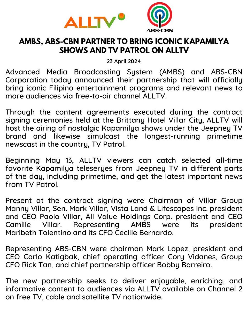 READ: TV Patrol and select ABS-CBN shows will be aired on the Manny Villar-led ALLTV starting on May 13, ABS-CBN confirms in a statement. @inquirerdotnet