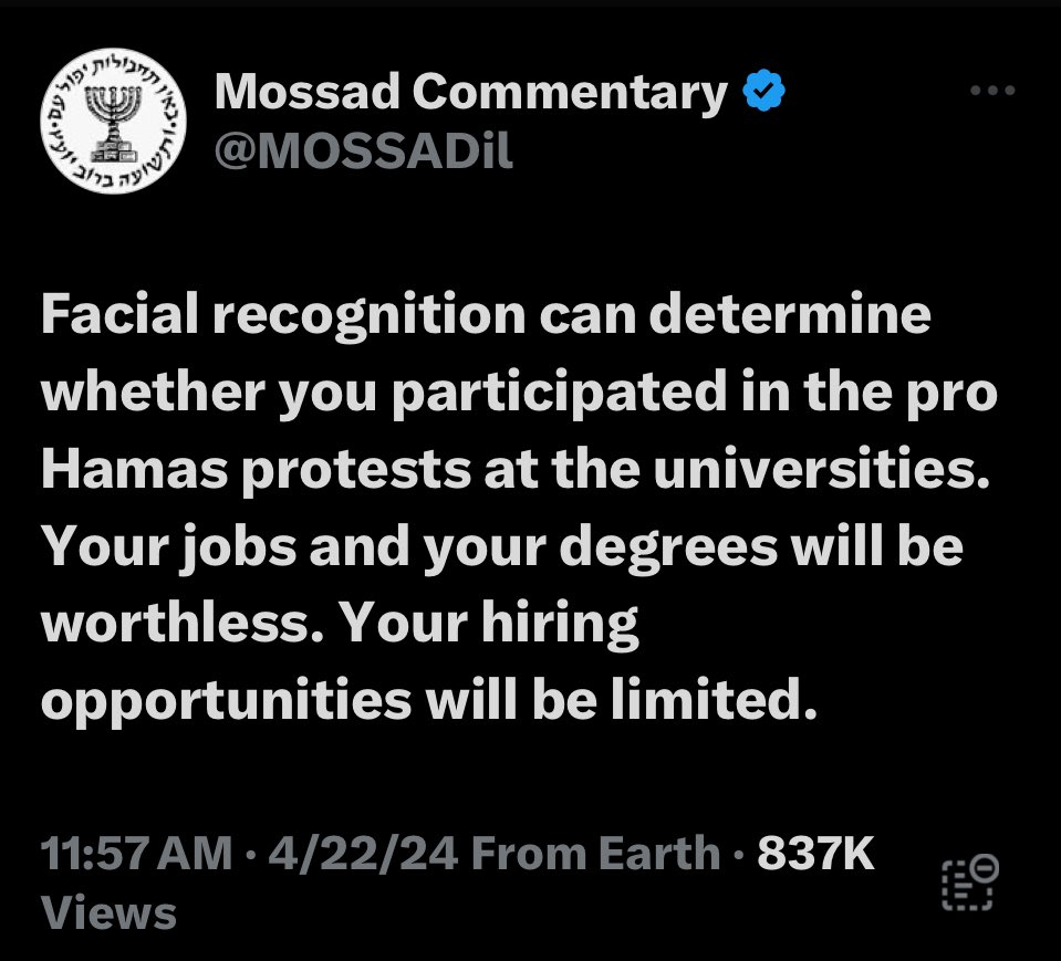 Why is Mossad collecting facial recognition data in America & claiming they will use jewish power to ruin the lives of anyone opposing genocide?