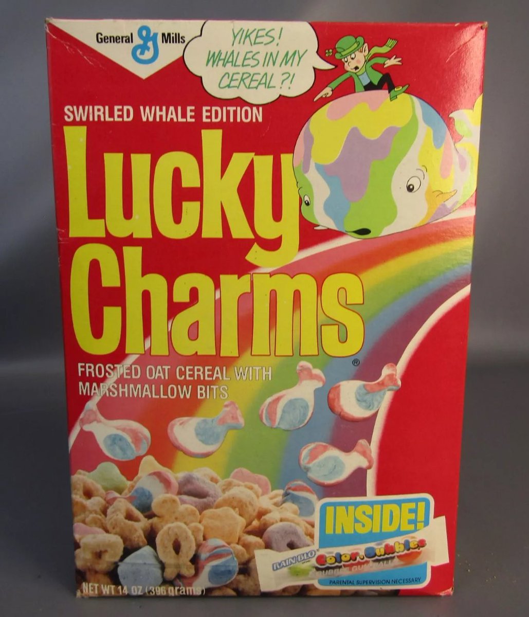This is an extremely rare 1986 box of “Whale Lucky Charms” with a free pack of Rain-Blo Color Bubbles gum included! This is almost too much for me to handle.