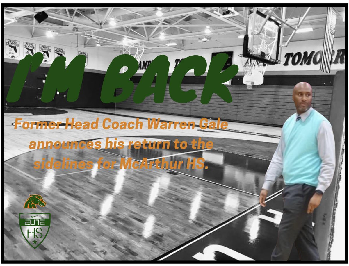 Former Head Coach Warren Gale returns to the sidelines for McArthur HS. Gale has been an assistant coach at The University of Fort Lauderdale over the past few years. Welcome back Coach! 🐎🐎🏀🏀