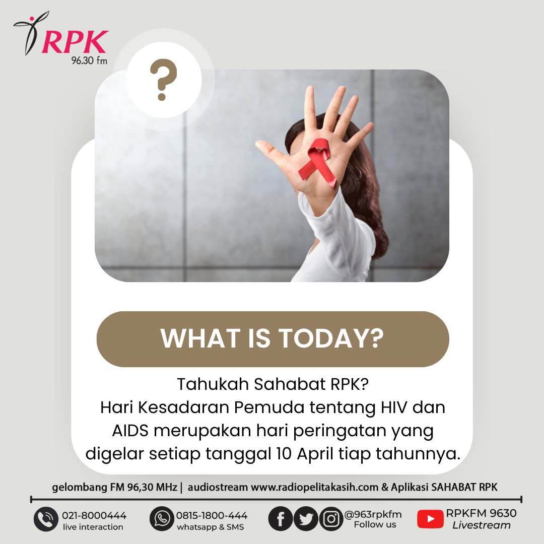 Tahukah Sahabat RPK? Hari Kesadaran Pemuda tentang HIV dan AIDS merupakan hari peringatan yang digelar setiap tanggal 10 April tiap tahunnya. Hari ini didedikasikan untuk meningkatkan kesadaran pemuda akan bahayanya penyakit HIV AIDS.