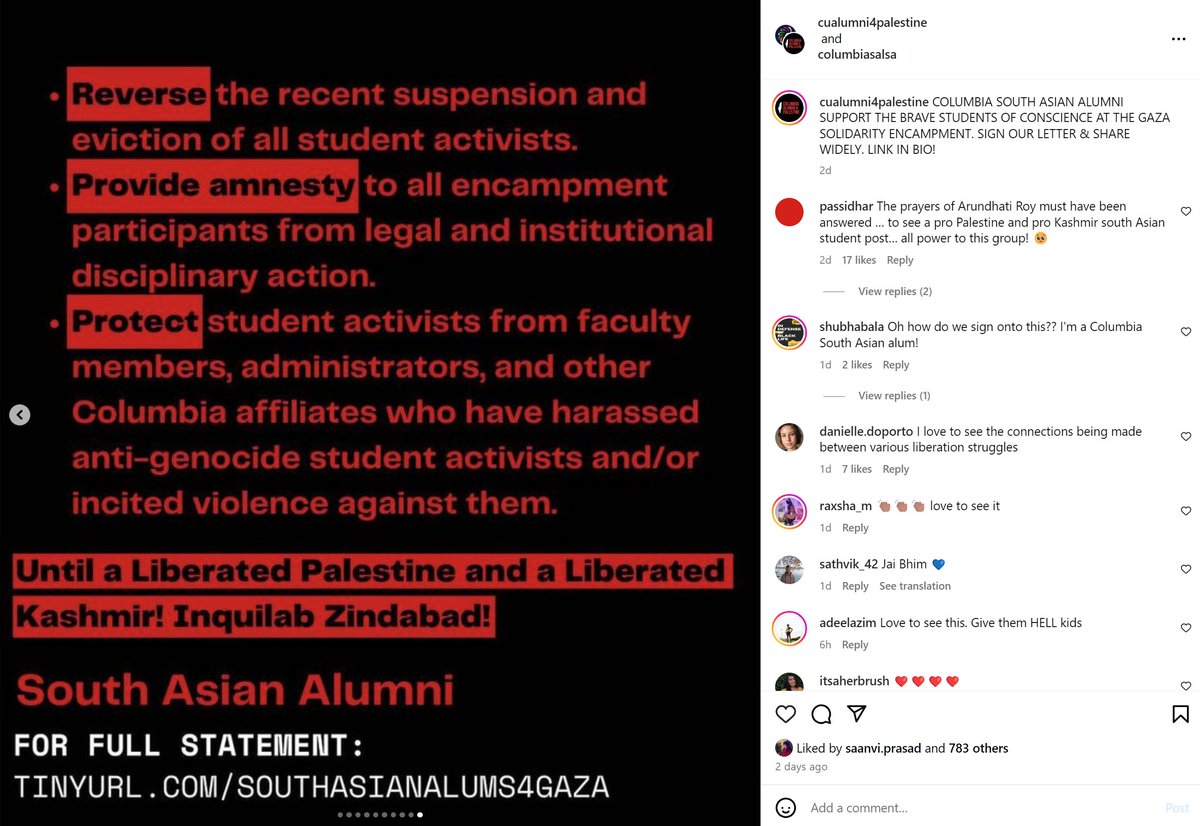 The @Columbia University's South Asian Law Students Association (@cls_salsa) has issued a statement in solidarity w/ Gaza Encampment and ALSO cast blame on 'Hindu Nationalism'/'Hindutva' (?) They've also called for a 'Liberated Kashmir' instagram.com/p/C5_zZSNvuK1