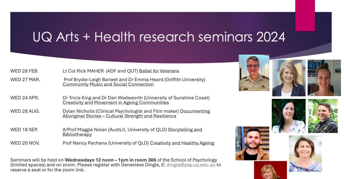 UQ Arts + Health seminar series! Tomorrow at 12pm academics from USC are presenting on 'Creativity & Movement in Ageing Communities' 📩 dingle@psy.uq.edu.au to reserve a seat/zoom link @Genevieve132