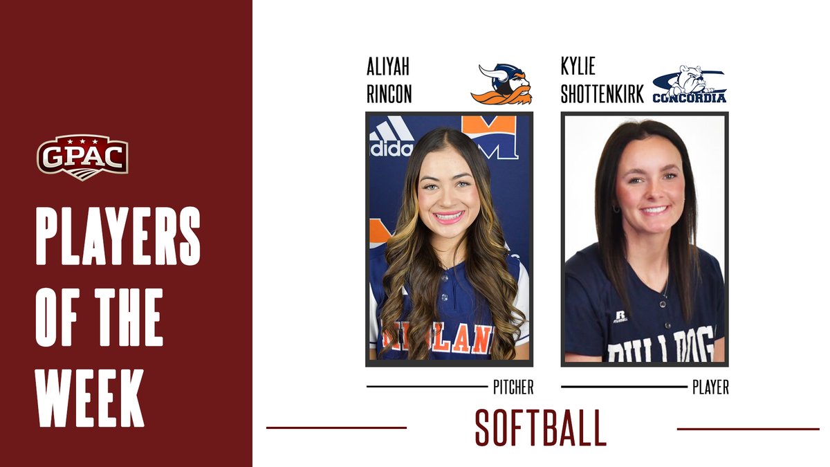 SOFTBALL: Week 9 Honors - (Pitcher) Aliyah Rincon of @Midland_Sports and (Player) Kylie Shottenkirk of @cunebulldogs.

Complete Release:
bit.ly/gpac-sb9