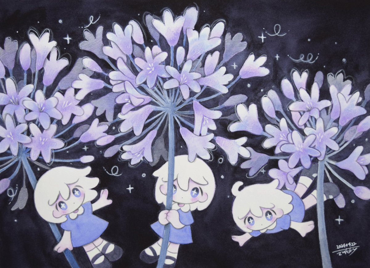 looking at viewer blue eyes multiple girls dress holding white hair flower  illustration images