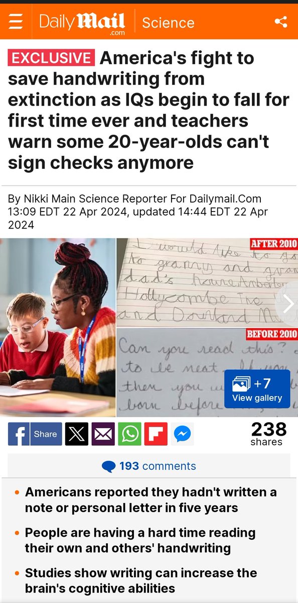 Get rid of the laptops, go back to pencil + paper, and go back to CORE BASICS in education! --- America's fight to save handwriting from extinction dailymail.co.uk/sciencetech/ar… Source: DailyMail