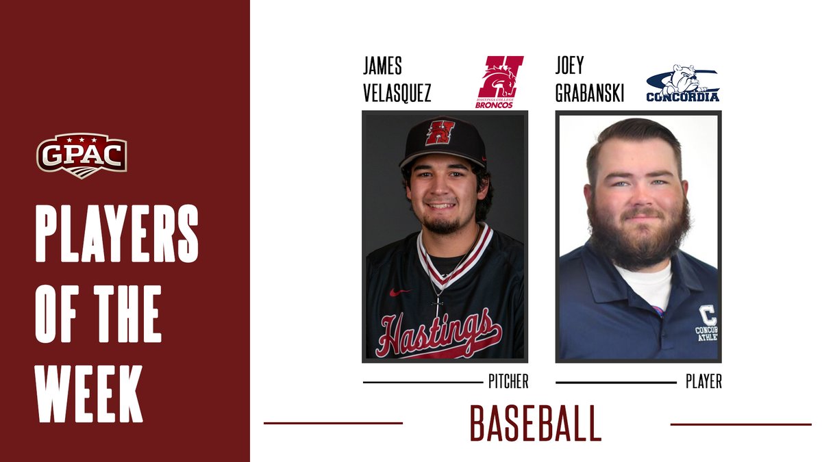 BASEBALL: Week 9 Honors - (Player) Joey Grabanski of @cunebulldogs and (Pitcher) James Velasquez of @HastingsBroncos.

Complete Release:
bit.ly/gpac-bsb9