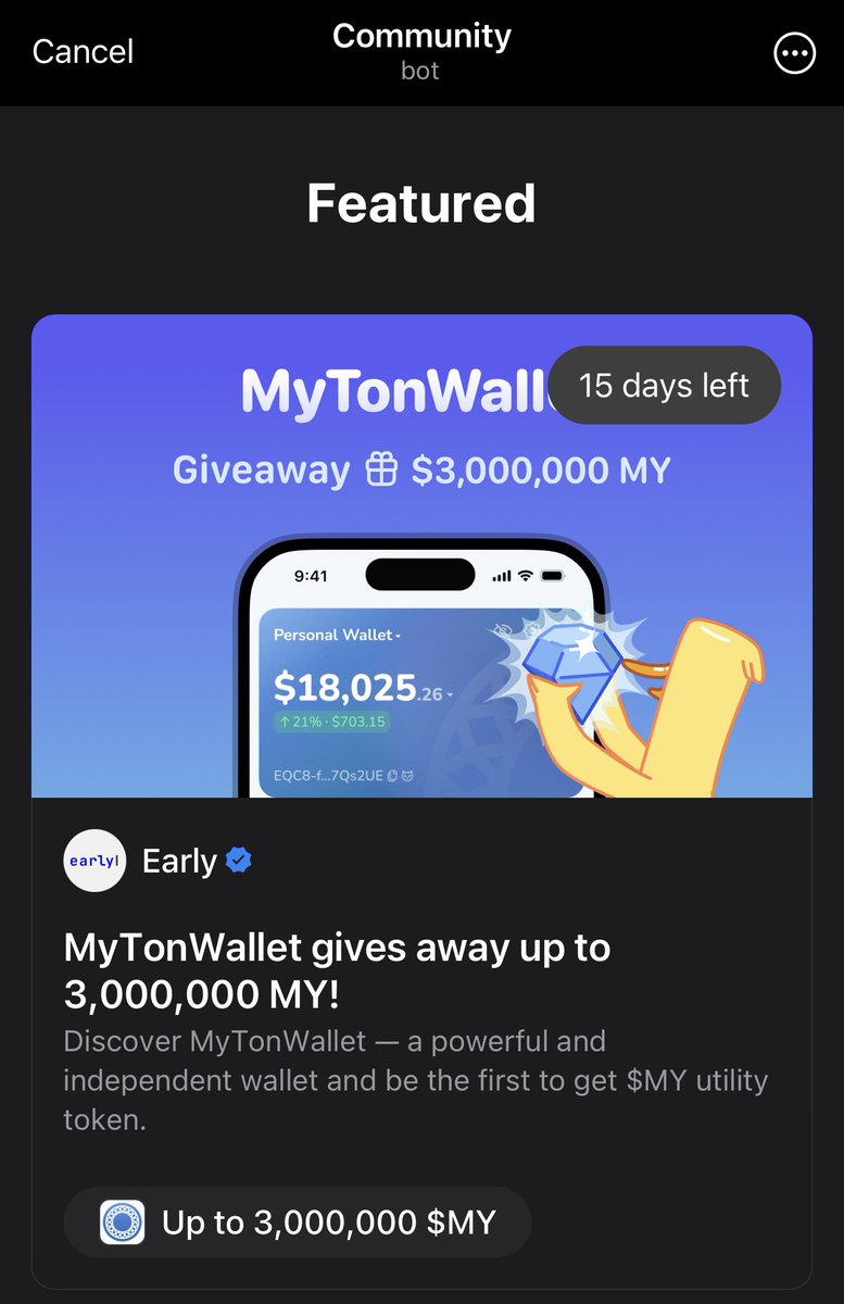 jzinvest_xyz's tweet photo. My Ton Wallet 嚕毛機會

在 Community Bot 裡面完成任務，就能參與 3M 顆 $MY 代幣的獎池

有買 Telegram Premium 絕對要參加！

步驟如下 👇🏻

1. 點擊連結安裝錢包https://t.co/RxJ1HcpLuO

2. 創建錢包、保存註記詞

3. 前往 @commmmmunity ，找到 My Ton Wallet 任務

4. 按照步驟完成任務

- 1~4 都是簡單的社交任務

- 第 5 步將 My ton wallet 連接到 community bot

- 第 6 步使用 My ton wallet 的跨鏈 swap 服務，選擇要 Swap 的幣種。把 USDT 打過去後，會自動 Swap 成 $TON 。任務要求至少 5 $TON

整個 Swap 流程可能會花費數個小時，只要資料沒輸入錯誤，錢打過去沒有馬上到帳是正常的

- 第 7 步隨便買一個 jetton，價值至少 5 $TON

- 第 8 步質押 $TON ，至少質押 5 $TON

5. 如果有購買 Telegram Premium，可額外獲得 500xp