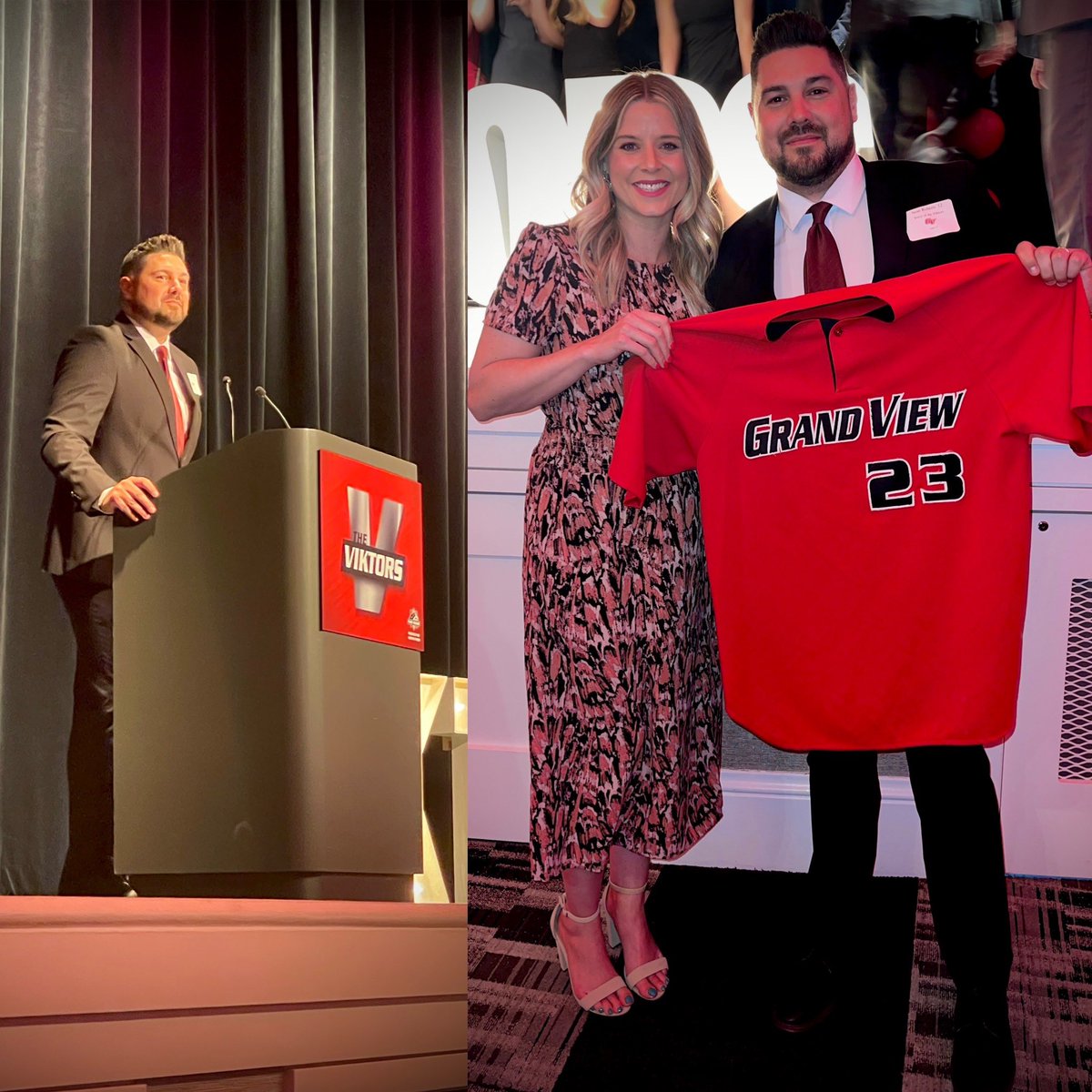 What an incredible night. It was an honor to host the Viktors…Special thanks to @GrandViewAD and @Brinks159 for giving me the @GVBaseball_ jersey I actually wore all those years ago. Unbelievable evening @VikingAthletics. 🙏