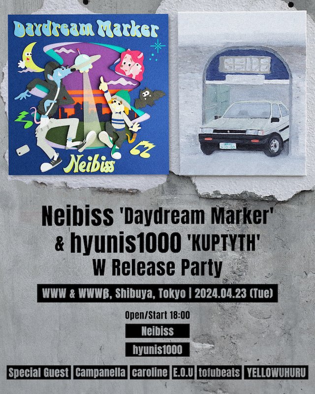 WWW_shibuya's tweet photo. 《W&β/当日券》
4/23(火)「Neibiss 'Daydream Marker' & hyunis1000 'KUPTYTH' W Release Party」

"Neibiss"&"hyunis1000"Wリリパが本日開催✔️
🌍Wとβの2フロアにて開催🌍

🎫当日券は￥4,000（ドリンク代別）にて販売いたします🎫

スペシャルゲストにCampanella、caroline、E.O.U、tofubeats、YELLOWUHURU 、そしてNeibiss客演にどんぐりずを迎えます🦚

◆前売券の受付は本日17:00まで🔥
https://t.co/K98sxv6nLW

◆公演詳細
https://t.co/B8y1CZDqGR

◆LINE UP
Neibiss / hyunis1000 @_ratiff_ @hyunis1000

◆Special Guests
Campanella @campanellapsy
caroline @caroline079_
E.O.U @eoumuse
tofubeats @tofubeats
YELLOWUHURU @YELLOWUHURU