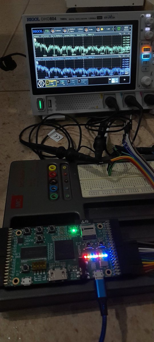 Testing the #QPSK #AllDigital #SDR Transmitter made with the #ECP5 #FPGA on the #ULX3S board using #PipelineC! #RF #ISM #DSP #RIGOL