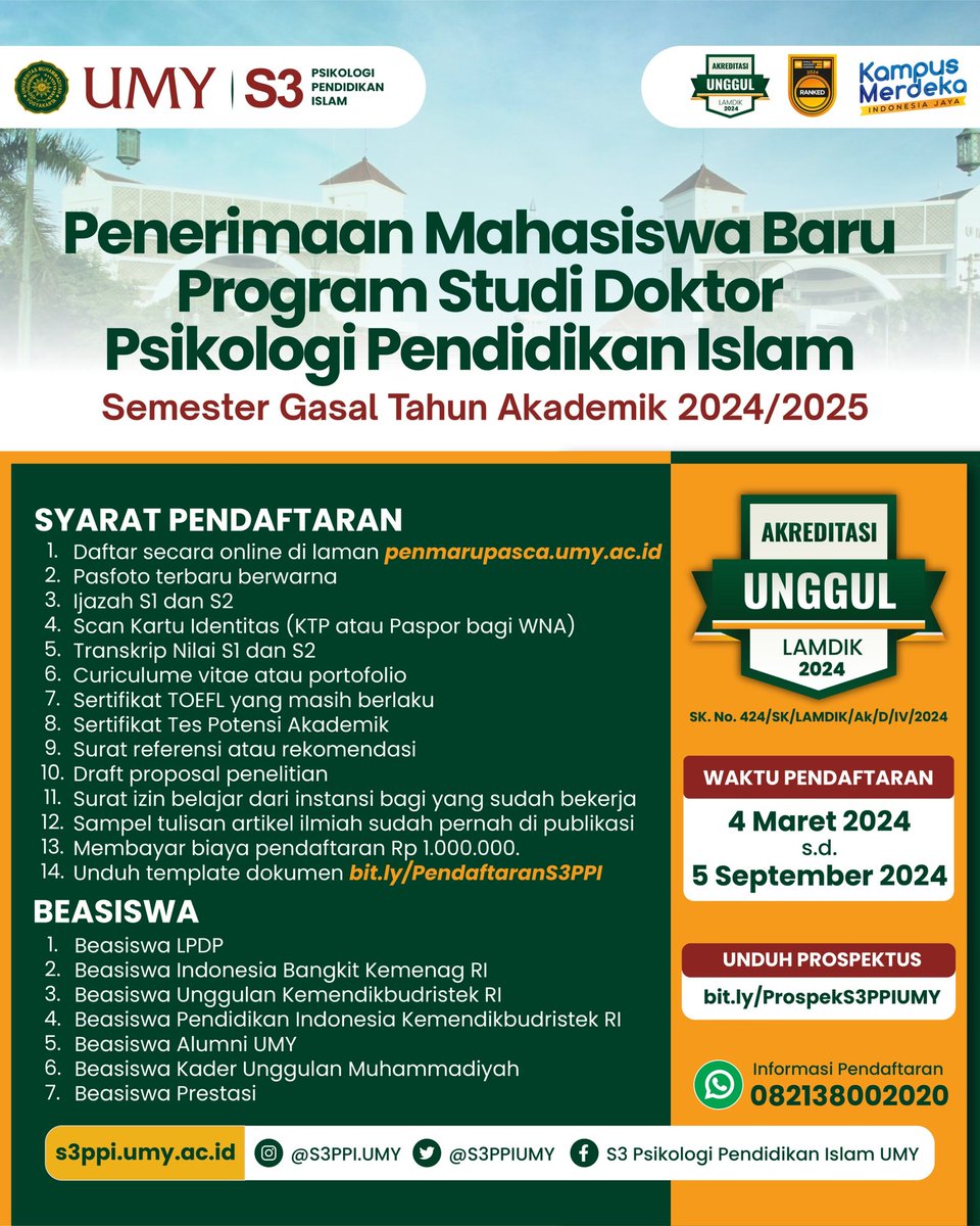 Penerimaan Mahasiswa Baru Program Studi Doktor Psikologi Pendidikan Islam Semester Gasal Tahun Akademik 2024/2025.

Informasi pendaftaran bisa mengunjungi di laman penmarupasca.umy.ac.id.
#menjadibagiandarikami
#umyyogya
#PSDPPI
#mudamendunia 
#psikologi 
#psikologipendidikan