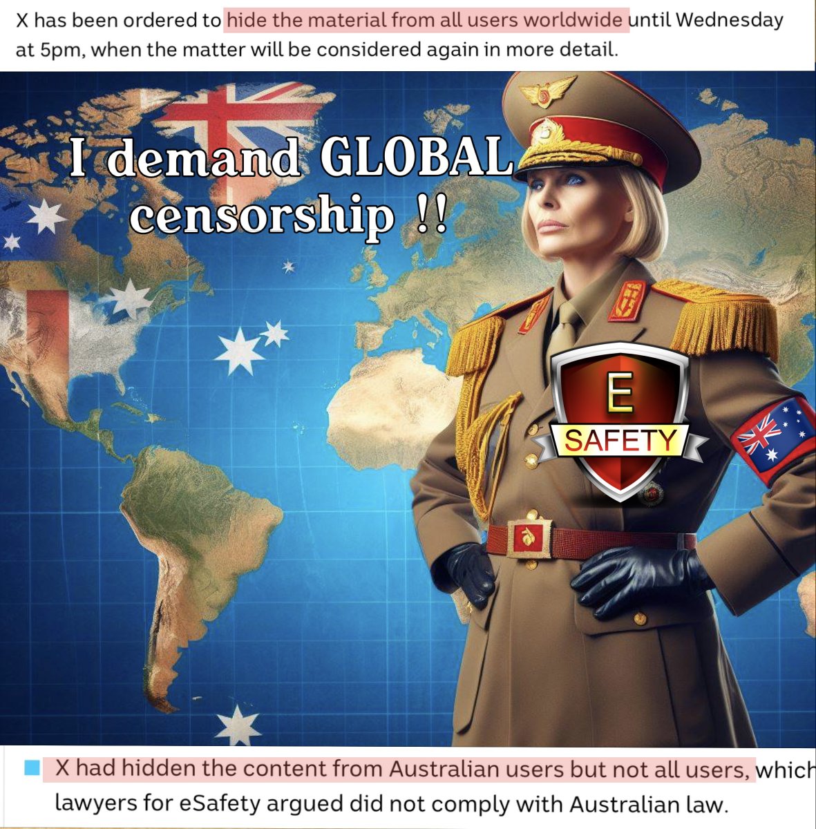 craigkellyAFEE's tweet photo. AUSTRALIA IS A  GLOBAL LAUGHING STOCK 
@elonmusk 

The eSafety Commissar is demanding not just censorship in Australia, but GLOBAL CENSORSHIP of social media. 

She is an international embarrassment, doing untold damage to Australia’s international reputation and should be sacked. 

But Labor, Liberal, Greens & Lambie are so pathetically weak, they are all falling into line with this madness. 

Don’t they understand they are betraying the very concepts of free speech and the world is laughing at Australia ? 

🛑Imagine if the Chinese Communists demanded global censorship of social media to try and hide a video of violence against ethnic minorities - just  because they’d made a law in China censoring Chinese from seeing it ?  
 
🛑Or what about if North Korea demanded global censorship of a video of a North Korean fleeing across the border into the South - because in North Korea there was a law preventing North Koreans from seeing it. 

🛑Or what about if Iran demanded global censorship of women being beaten on the street for not covering their faces - because in Iran they’d made a law preventing Iranians from seeing it. 

🛑Or what about if during the Vietnam war, the South Vietnamese Government demand global censorship of images of the young girl naked & screaming after being burnt by napalm - because the South Vietnamese had made a law preventing South Vietnamese from seeing it ? 

https://t.co/QksmQ7mtwr

The eSafety commissioner has been granted a two-day legal injunction to compel X to hide posts that include graphic footage relating to the Wakeley stabbing.

X has been ordered to hide the material from all users worldwide until Wednesday at 5pm, when the matter will be considered again in more detail.

X had hidden the content from Australian users but not all users, which lawyers for eSafety argued did not comply with Australian law.