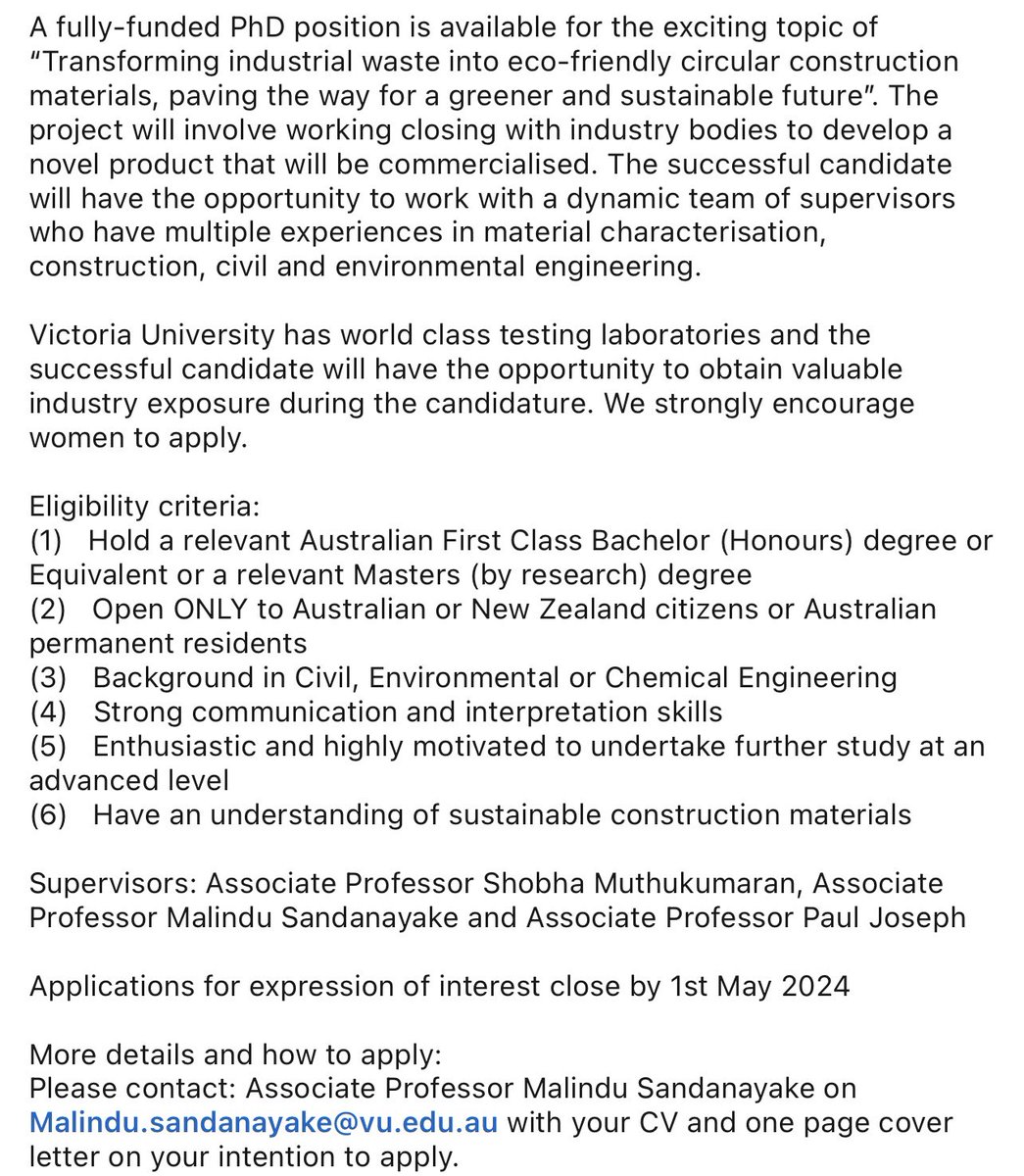 Exciting PhD scholarship opportunity!

#victoriauniversity #PhD #recycledmaterials #RMIT #Deakin #construction #materials #civil #environmental #sustainable #green #greenmaterials