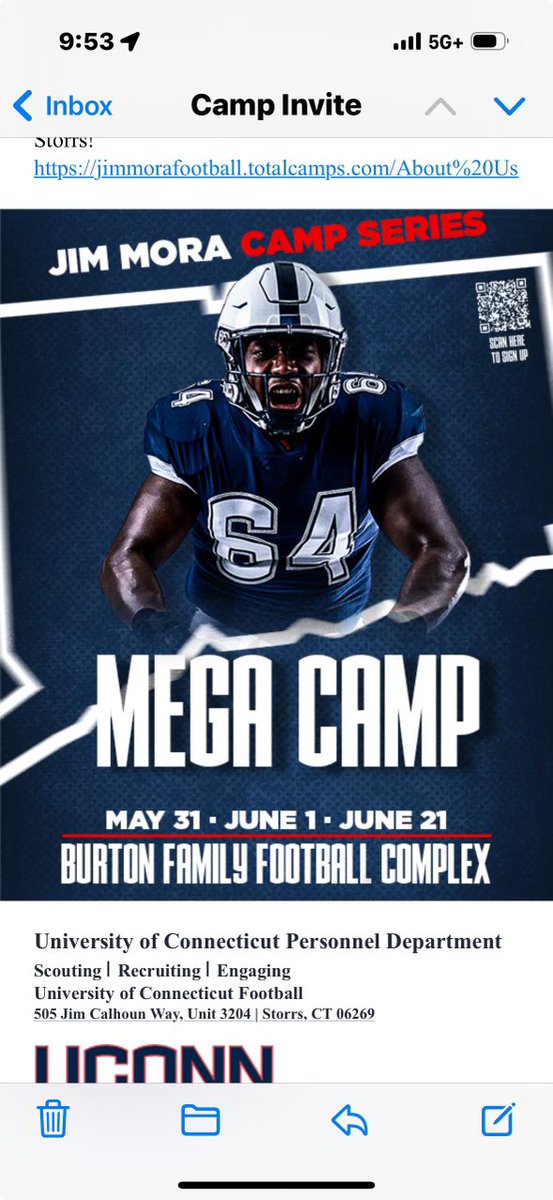 Thank you @UConnFootball for the camp invite, can’t wait to compete and show out! @WakelandFTball @coach_isom60 @coach_oglesbee @coachjwhoward @coachbirdwell @air14football @JLottScout @WHSFBRecruiting @QBHitList @UConnRivals