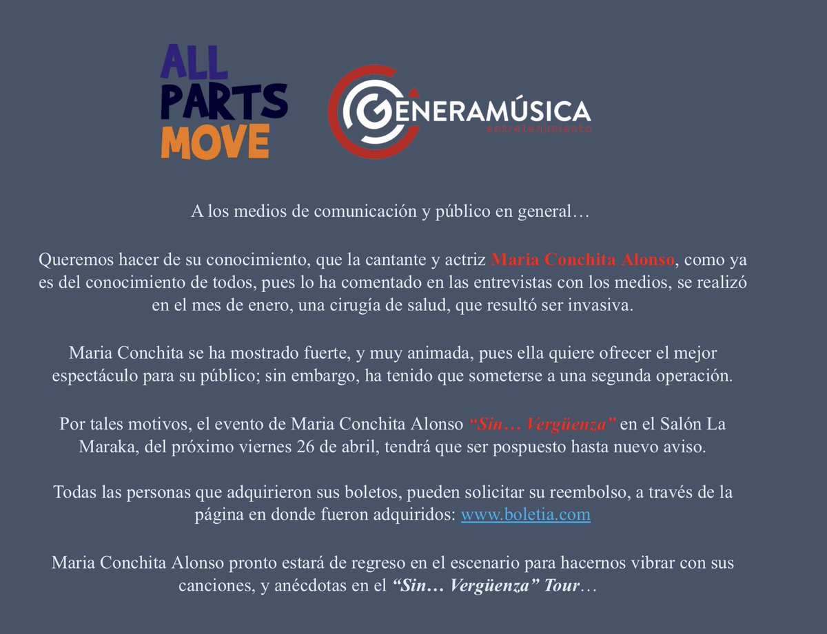 ⚠️ Urgente comunicado de @MariaConchita_A … @Allpartsmove @GeneraMusica