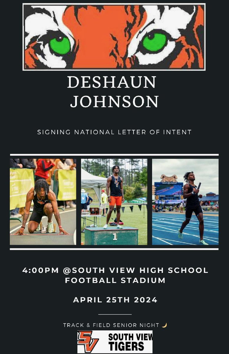 Please join us this Thursday, April 25th for part one of our Track and Field Senior Night! This will be a historical evening! Mr. Johnson, currently holds the South View High School 200 meter dash record and will be signing his College Intent Letter on our home Track.