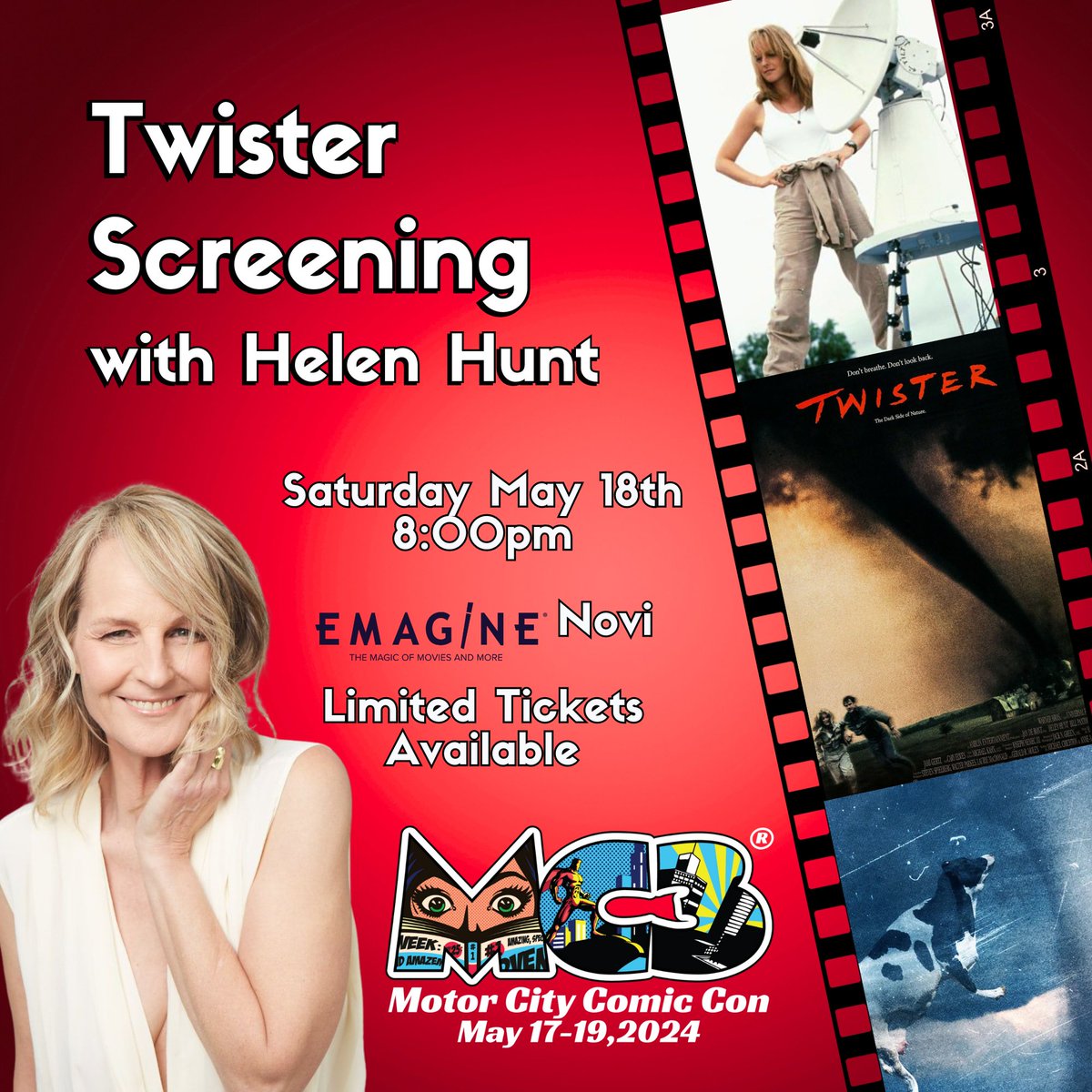💥Due to high demand for the Twister Screening with #HelenHunt, we have reserved a larger theater at Emagine!
✅We will be adding more tickets today @ 6:30pm.
Admission to #MotorCityComicCon is not included, but is required for entry.
🎫Get your tickets @ motorcitycomiccon.com