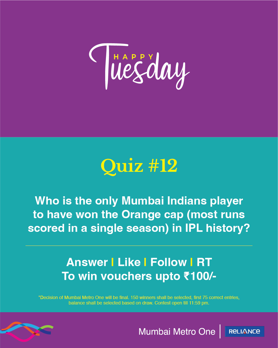 #HappyTuesday quiz is here! 

The 12th edition is about - The Orange Cap. The concept was introduced to recognize outstanding batting performances in IPL.

Answer, Like, Follow & Share (all mandatory) to win. 

#ContestAlert #Giveaways #IPL #Voucher #MumbaiMetro