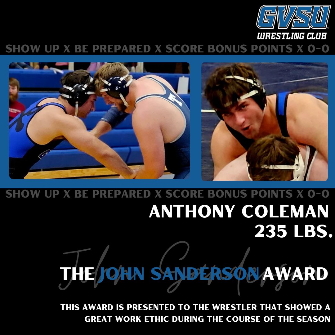GVSUWrestling's tweet photo. Our inaugural John Sanderson Award winner is Anthony Coleman, who excelled on the mat, the classroom, and the weightroom.
#AnchorUp #anchored https://t.co/GJw8zyj4hp