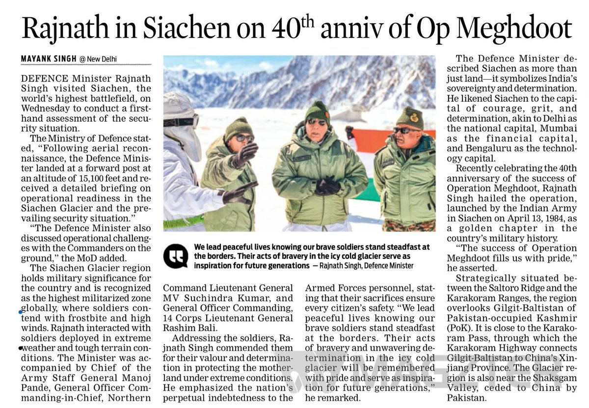 ‘Rajnath in Siachen on 40th anniversary of Op Meghdoot’