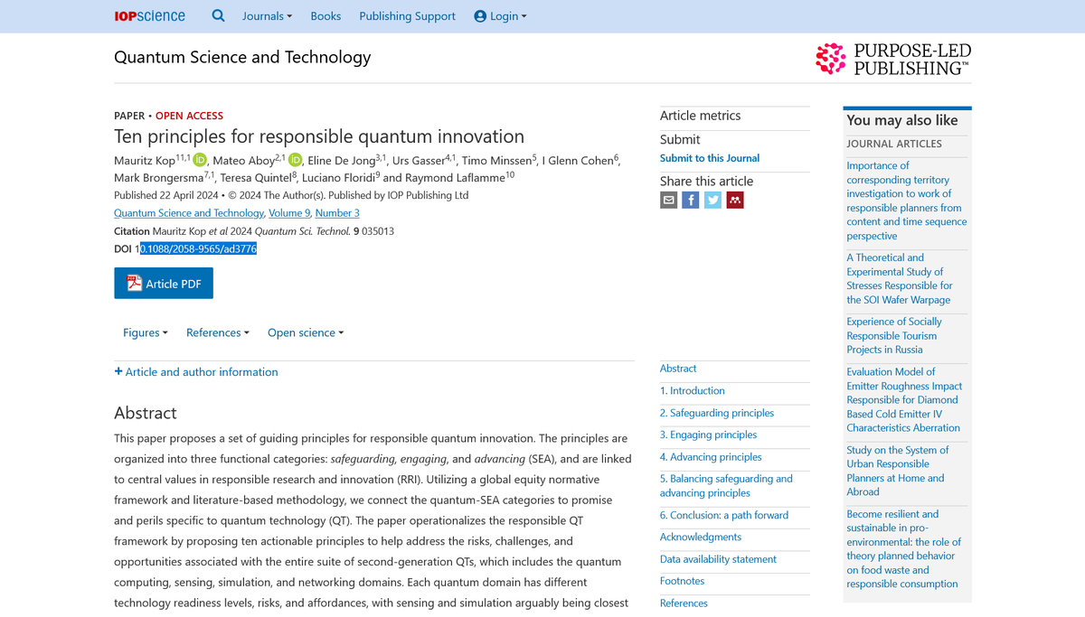Thrilled that our article "Ten Principles for Responsible Quantum Innovation” has been published by <a href="/IOPPublishing/">IOP Publishing</a>'s QST - congrats to our spectacular team! iopscience.iop.org/article/10.108… <a href="/mateo_aboy/">Mateo Aboy</a> <a href="/ugasser/">Urs Gasser</a> <a href="/TiMinCeBIL/">Timo Minssen</a> <a href="/CohenProf/">I. Glenn Cohen</a> @teresaquintel @Floridi <a href="/StanfordLaw/">Stanford Law School</a> <a href="/Elineldejong1/">Eline L. de Jong</a>