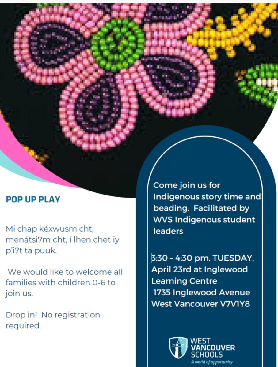 Inviting families with children 2-6 to join us tomorrow for Pop Up Play. @WestVanSchools @WestVanLibrary @shannonozirny @MsLaineAnderson @DeannaDeVita @jenntangwong @SLShortall