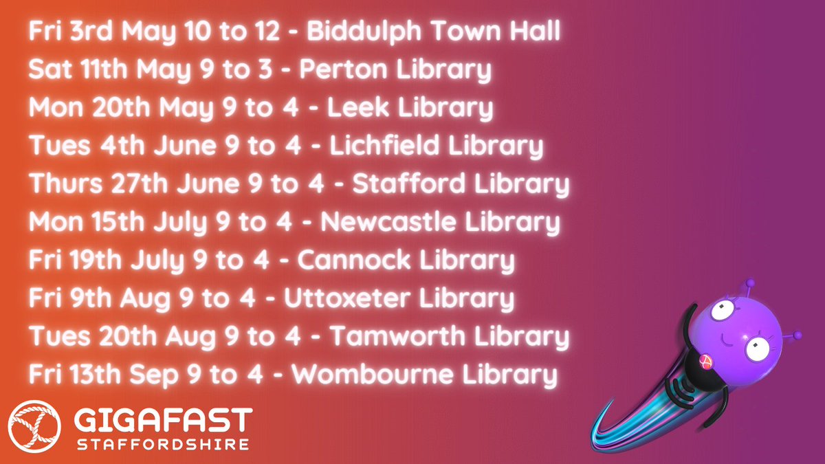 Do you have any questions on broadband, mobile connectivity, digital skills or the digital switchover? Come & visit the @GigafastStaffs Team at one of their Library pop-up events below #GetOnline #digitalswitchover #digitalinclusion @StaffordshireCC @NewsNBC @CannockChaseDC